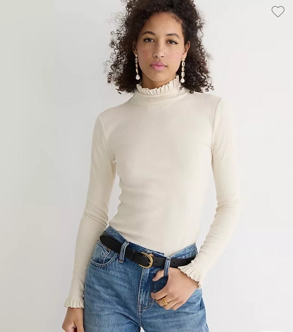 J Crew Ribbed Knit Ruffle Mock Neck Top Women XS Cream Stretch Long Sleeve BM317
